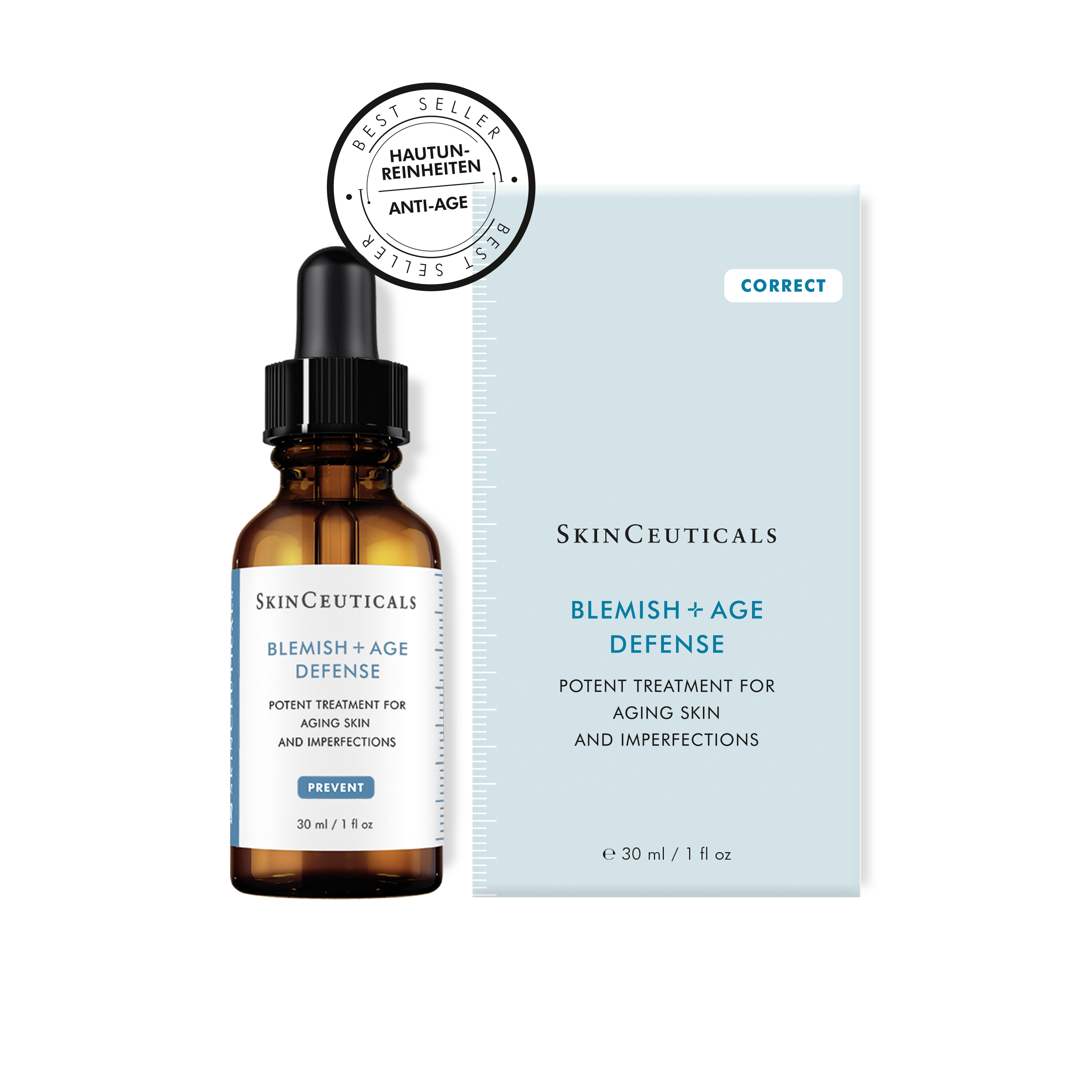 SkinCeuticals Blemish + Age Defense serum bottle and packaging on a white background