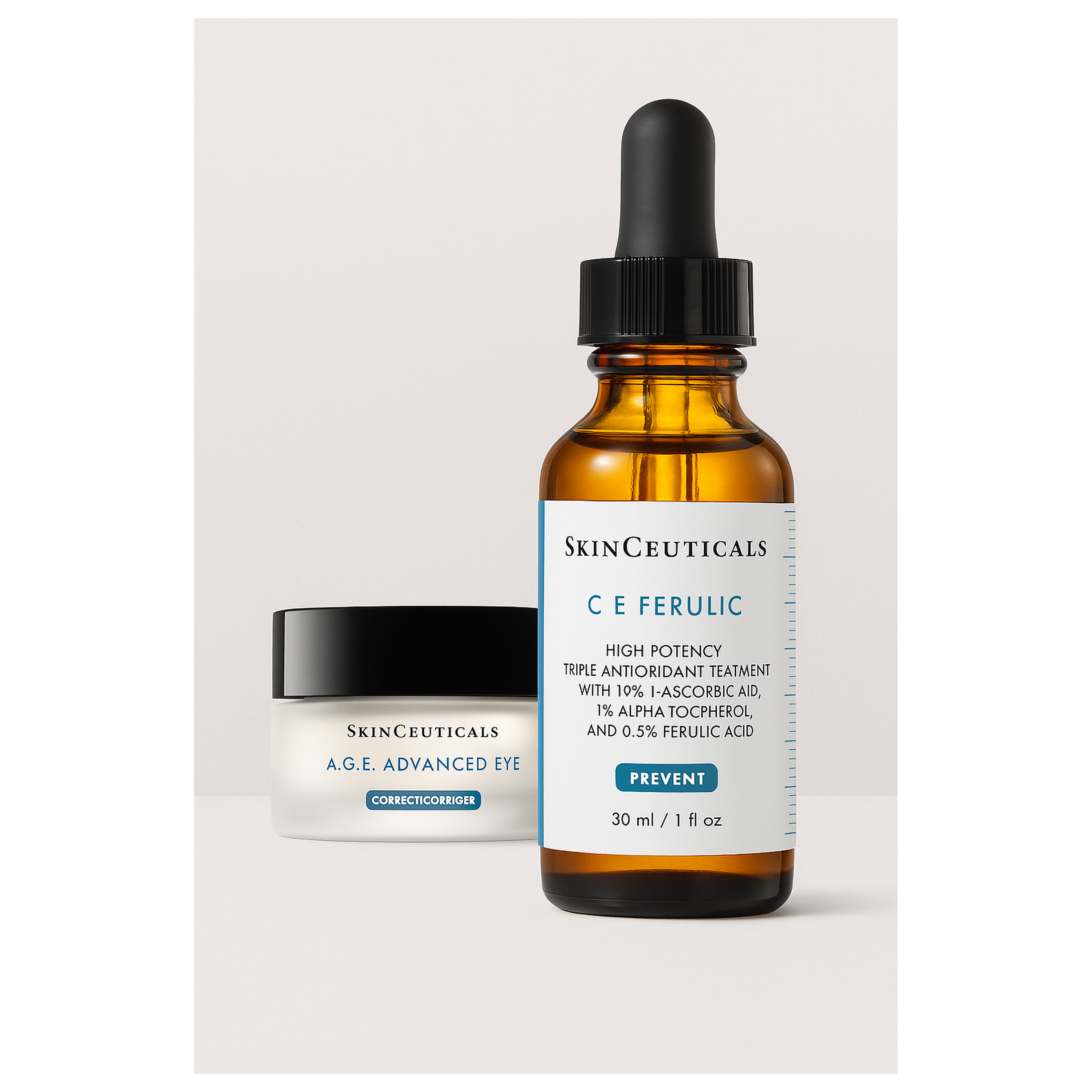 Skinceuticals skincare products including a dropper bottle and cream on a light background